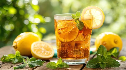 Fototapeta premium A refreshing glass of iced tea with lemon slices and mint leaves
