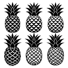 Set of realistic Pineapple Fruit and Leaves Silhouettes, Pineapple outline seamless pattern for textile, Pineapple Fruit and Leaves icon set.