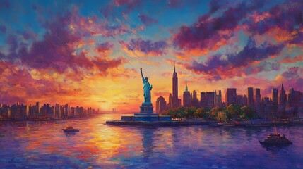 Naklejka premium Iconic View of New York City and Statue of Liberty