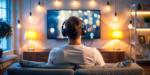 Naklejka premium Rear View of a Man Wearing Headphones Watching TV, Living Room, Couch, Nighttime, Relaxation, Entertainment, Movie