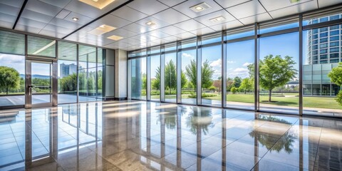 Reflective Floor with Sky and Trees Through Window, Modern Office , Interior Design, Glass Wall, Architecture