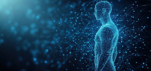 A futuristic, digital silhouette of a human body, surrounded by glowing particles representing data and technology.