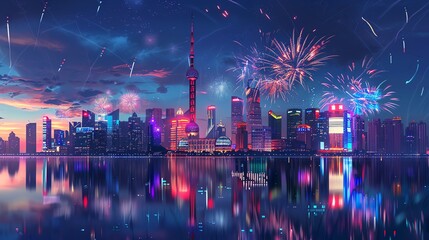 Naklejka premium A vibrant cityscape at night with fireworks lighting up the sky