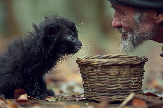 Elderly Man Gently Interacting With Black Kitten Near Wicker Basket in Autumn Forest - Powered by Adobe