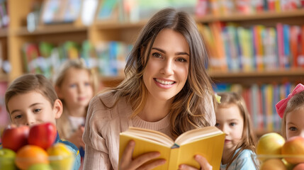 Female teacher sits reading a book to kids, sharing a joyful moment. Her engaging storytelling brings happiness to the children, fostering a love for reading.