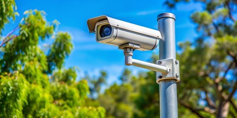 Security Camera Mounted on a Pole, Clear Sky, Outdoor, Green Foliage, Surveillance, Security, Camera