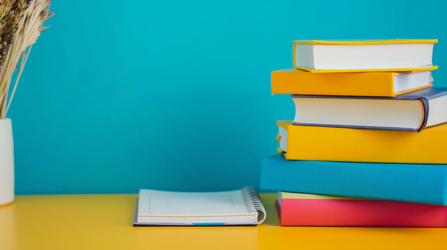 Academic Books: Stacked academic books and notebooks with space for study motivation or book recommendations