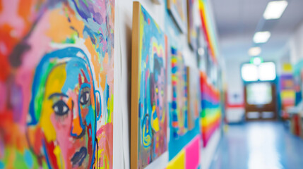 Fototapeta premium Student Art: Creative student artworks displayed in a classroom or gallery with copy space for artistic messages