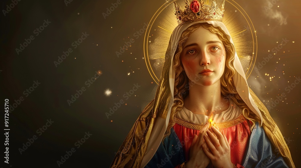 Poster Virgin Mary,  a  Religious  Portrait  with  Golden  Halo