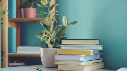 Academic Books: Stacked academic books and notebooks with space for study motivation or book recommendations