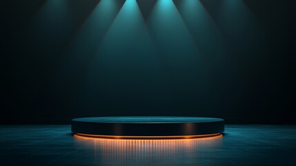 An empty game show stage with a glowing podium, polished floor, and dark backdrop. A sleek game show stage with a polished floor, single podium, and focused spotlight.
