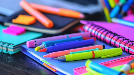 Study Essentials: Close-up of study materials like notebooks, highlighters, and planners with space for study tips