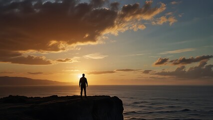 Fototapeta premium A man standing at the edge of a cliff looking out over a vast ocean reflecting a calm and thoughtful