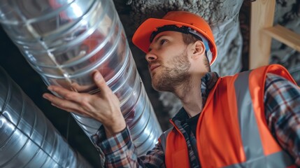 Technician inspecting air ducts in residential building
