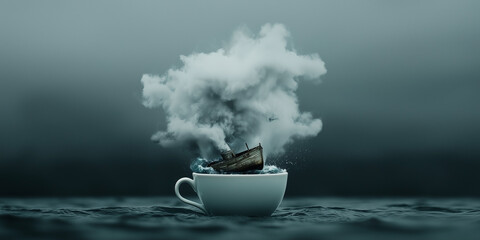  surreal photo depicting a storm inside a teacup floating on a calm sea. The black and grey tones emphasize the contrast between the chaotic storm and the serene environment,