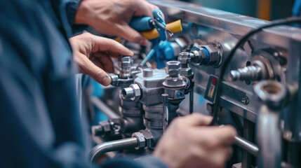 Obraz premium Close-up of hands working on HVAC unit components