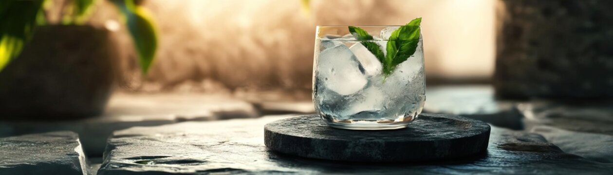 1 A zenlike setting with a gin  tonic on a stone coaster, the composition against a cool, textured background, wide space for copy on one side