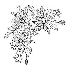 Chamomile flower border. Hand drawn flower garland in corner design. black and white flower sketch