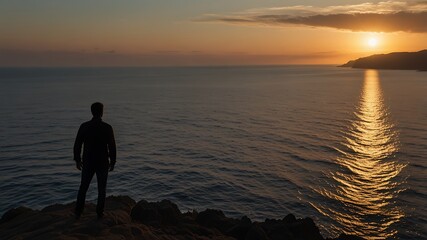 A man standing at the edge of a cliff looking out over a vast ocean reflecting a calm and thoughtful