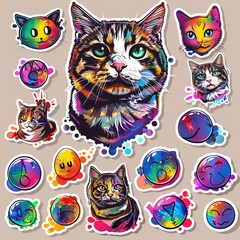 Colorful and vibrant cat stickers featuring different expressions and playful designs, perfect for decoration and personalization.