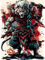 Fototapeta premium A fierce anthropomorphic tiger warrior stands ready for battle, adorned in vibrant armor and accessories.