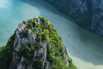 Iron Gates on Danube river.Djerdap national park on the Serbia-Romanian border . The Serbian side is the Djerdap national park