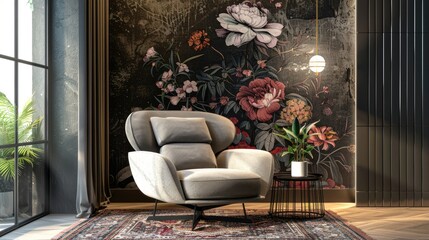 Stylish living room with cozy armchair and floral wall decor.