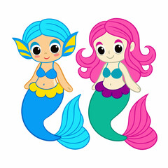 Cute mermaids with fish art vector illustration