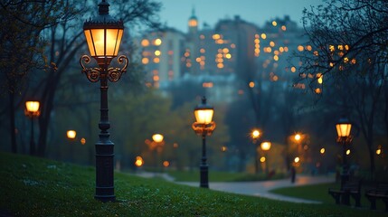 A serene park scene at dusk, illuminated by vintage lanterns with a city skyline in the background, creating a tranquil ambiance.