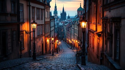 A scenic view of a cobblestone street illuminated by lanterns at dusk, showcasing historic...