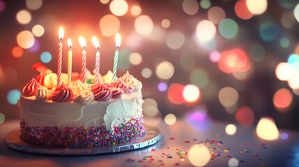 Festive Birthday Celebration with a Candlelit Cake and the Warm Bokeh of Bright Lights