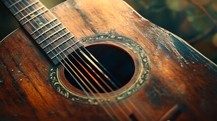 Obraz premium Close-up of a Worn Acoustic Guitar Soundhole