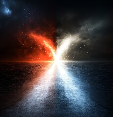 Obraz premium Crossroads of Destiny: The Struggle Between Light and Darkness, Symbolizing the Eternal Battle of Good and Evil, Overcoming Adversity, and the Spiritual Journey Toward a Brighter Future.