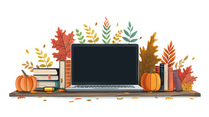 A cozy autumn workspace with a laptop, books, and seasonal decorations on a wooden desk