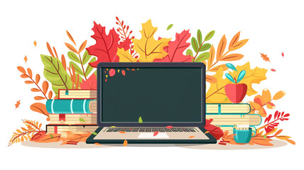 A cozy workspace with a laptop surrounded by autumn leaves, books, and warm colors
