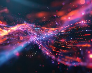 Obraz premium Data flows transforming into raw energy, powering up a futuristic device, intense glow and motion, abstract but with clear tech themes, neon lighting