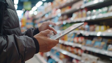 Obraz premium A person is holding a tablet in a store aisle