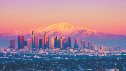 Naklejka premium Skyline of Los Angeles with snow-capped mountain in background