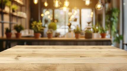 Empty light wood table top with blurred coffee shop background, cozy decor with potted plants and warm lighting.