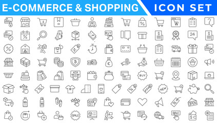 Shopping icons set. E-commerce icon collection. Online shopping thin line icons. Shop icons vector