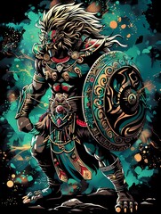 A fierce warrior with a lion-like appearance, adorned in intricate armor and holding a shield.