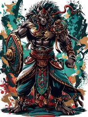 Fototapeta premium A powerful anthropomorphic lion warrior adorned in ornate armor and vibrant colors, ready for battle.
