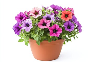 Fototapeta premium Colorful petunia flowers in the pot isolated on a white background