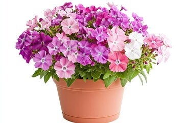 Colorful phlox flowers in the pot isolated on a white background