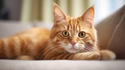 Cute Orange Cat Relaxing on a Couch