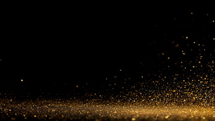 Golden particles falling from above, creating a sparkling and luxurious atmosphere on a dark background. Ideal for festive, celebratory, or luxury-themed designs and creative projects.