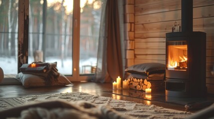 A cozy living room with a fireplace and a window