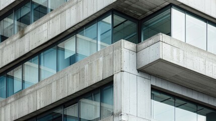 Architectural setting with geometric support beams and windows on brutalist office building