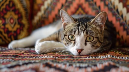 Cat is posing on traditional turkish carpet