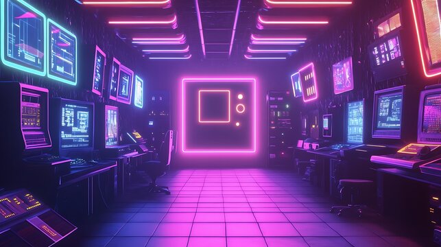 Retrofuturistic Server Room with Neon Lights and Computers